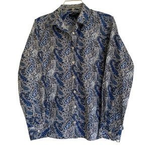 Lands' End button down blue paisley, long sleeve blouse Cotton Size 14P